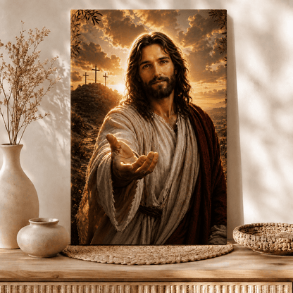 Walk With Me gallery-wrapped canvas print of Jesus Christ reaching out His hand, displayed on a shelf styled with ceramic vases and a woven basket