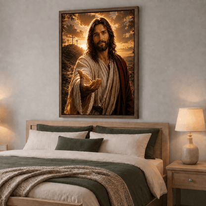 Walk With Me canvas print in a brown wood frame of Jesus Christ reaching out His hand at sunset, hanging above a bed in a cozy bedroom