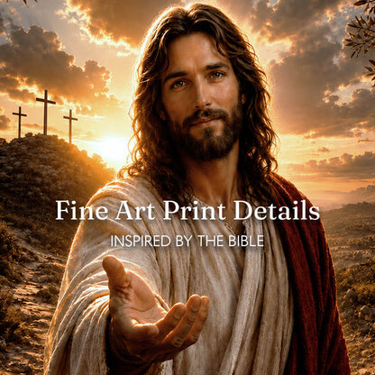 Close-up of the Walk With Me canvas print showing Jesus Christ's face and outstretched hand in detail, with three crosses on a hill at sunset