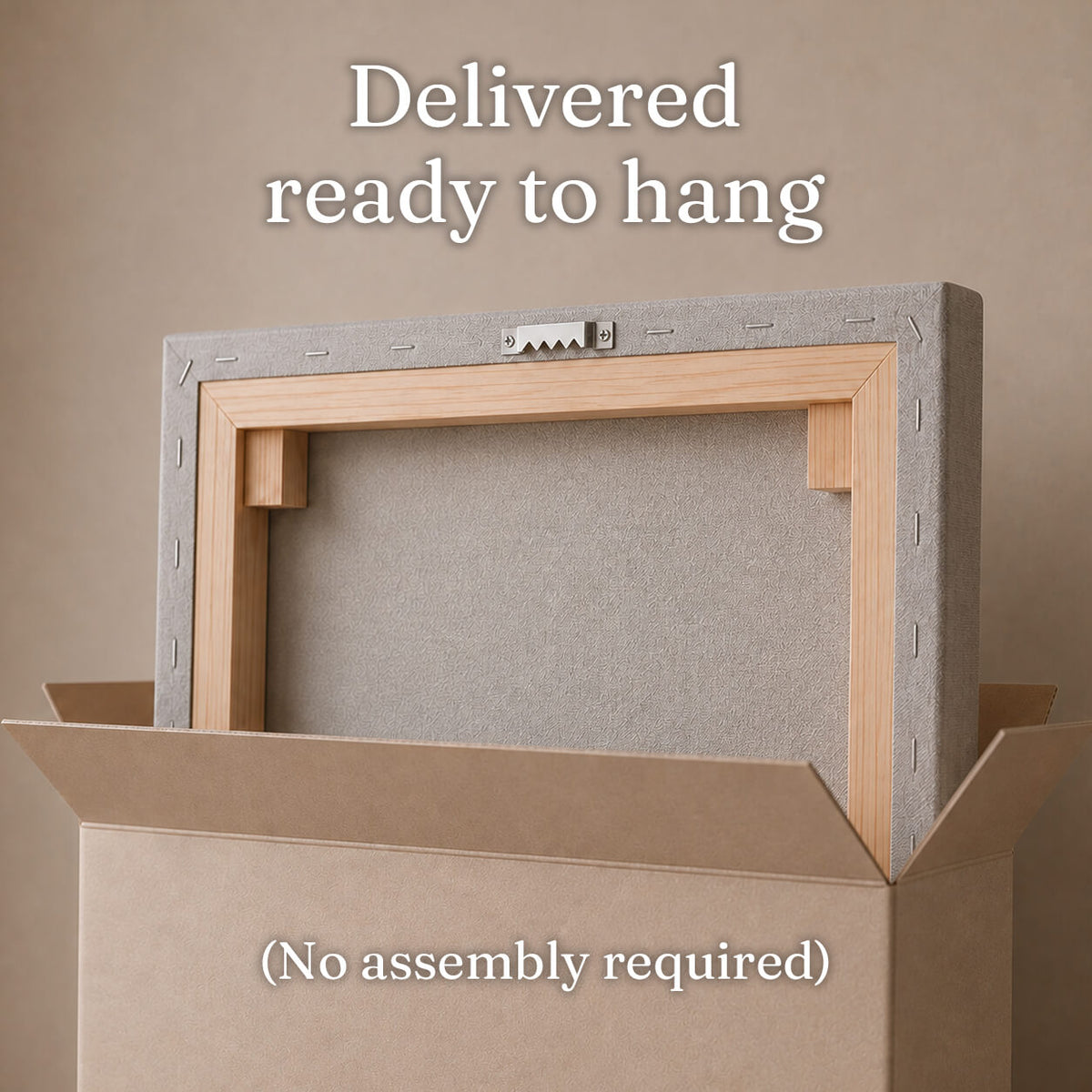 Walk With Me canvas print packaged in its shipping box with hanging hardware attached, ready to hang out of the box