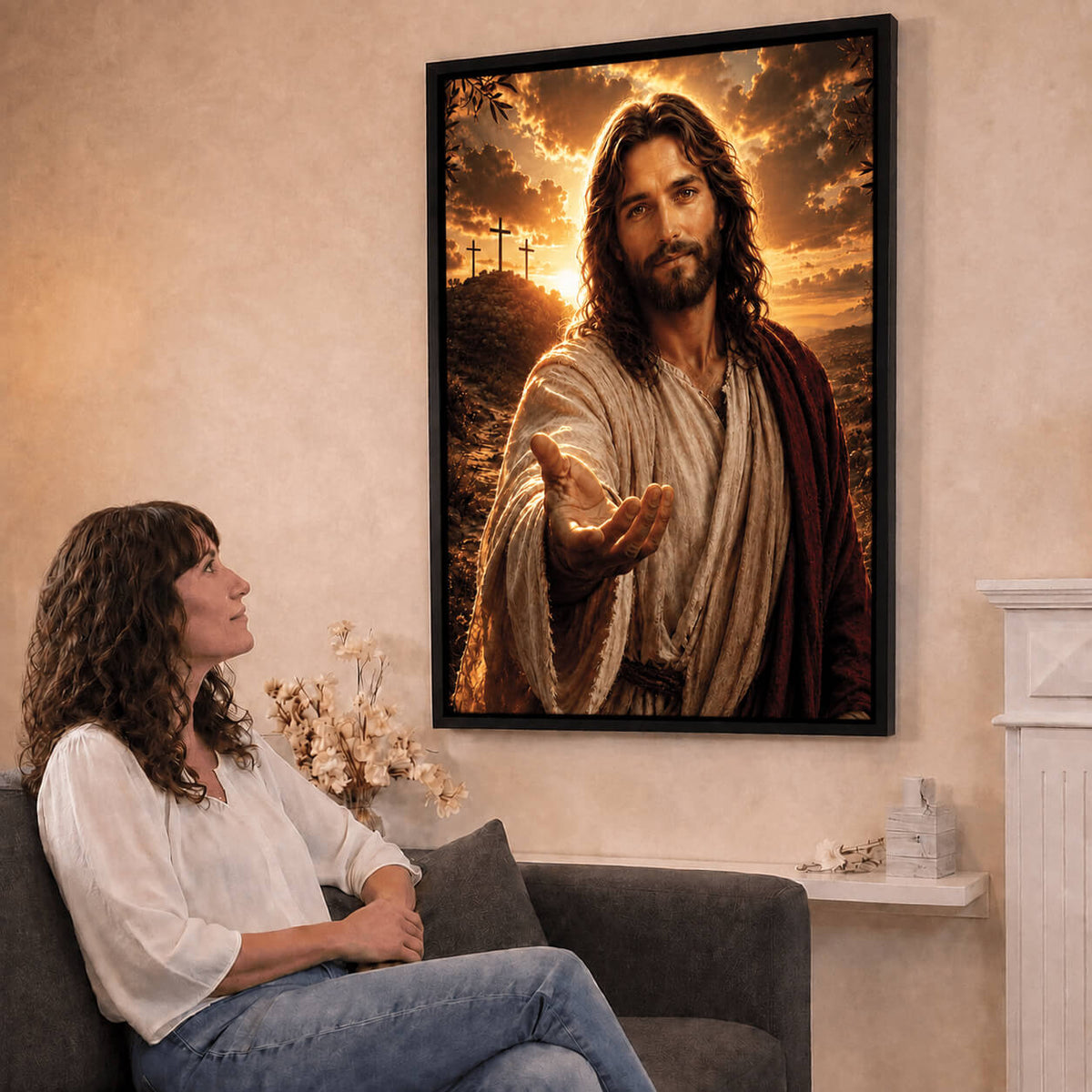 Walk With Me canvas print in a black frame of Jesus Christ reaching out His hand, three crosses on a hill at sunset, hanging above a living room sofa