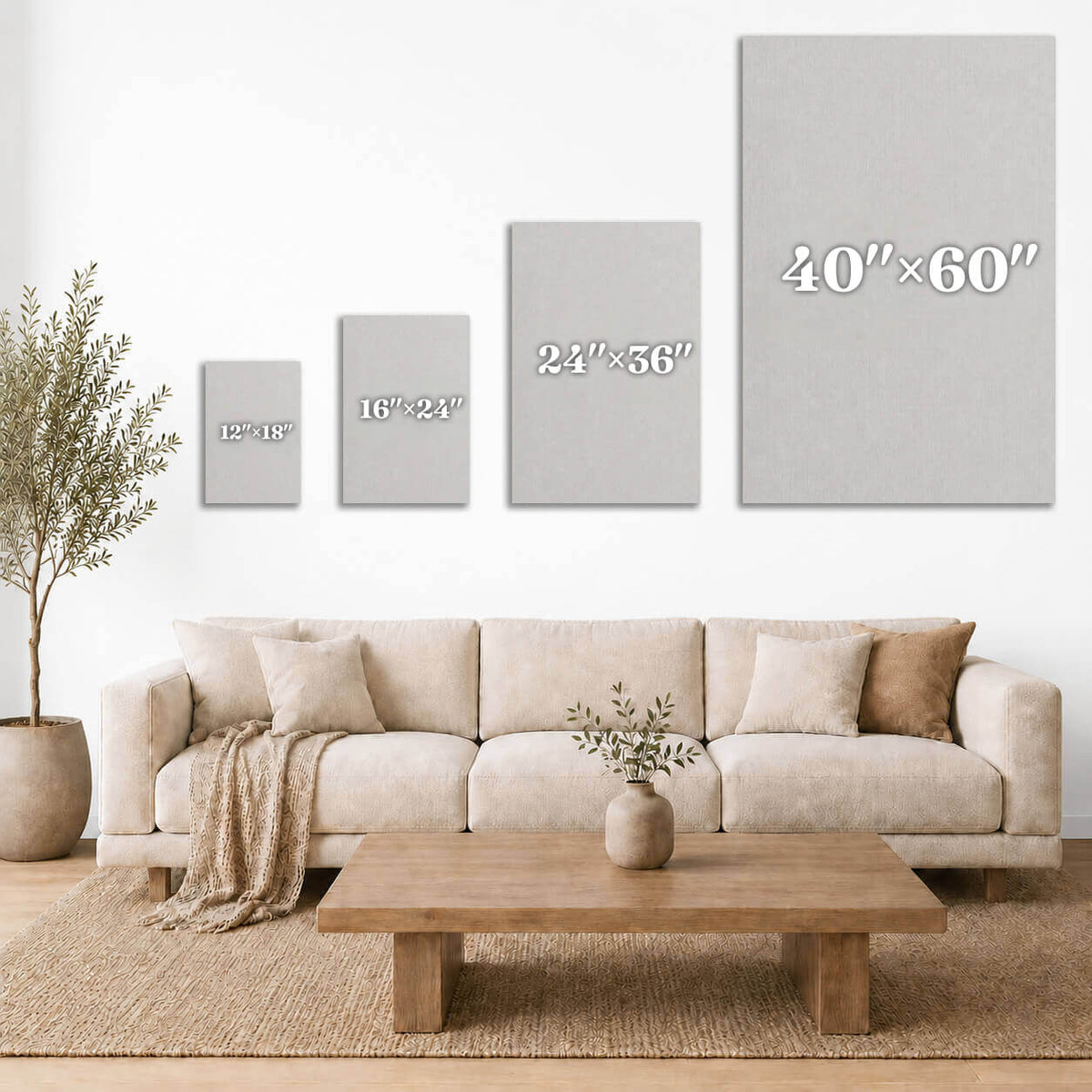 Size comparison chart for Walk With Me canvas print — 12x18, 16x24, 24x36, and 40x60 inches shown above a living room sofa